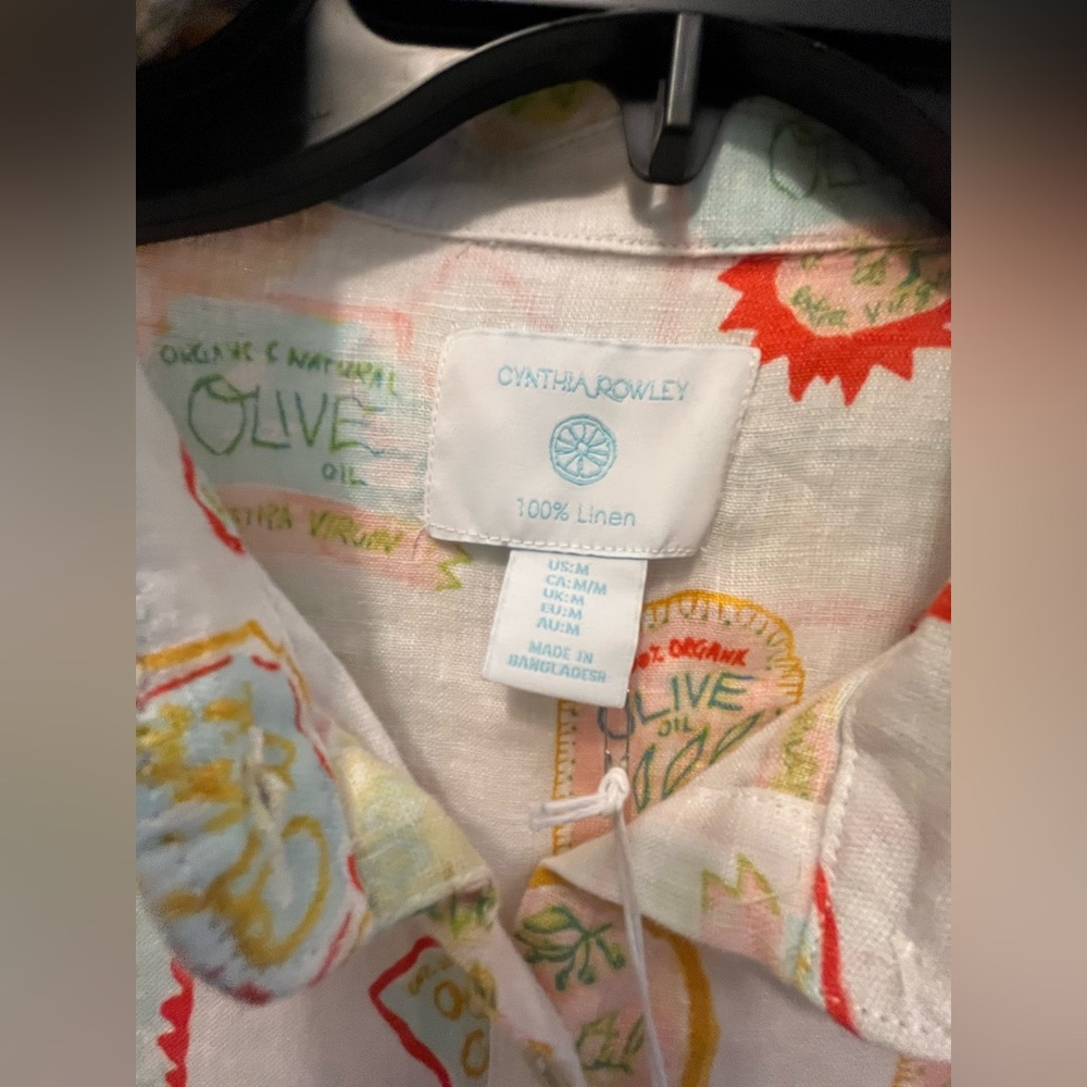 NWT Cynthia Rowley 100% Linen Olive Oil Label Print Button Down Shirt - Picture 12 of 14